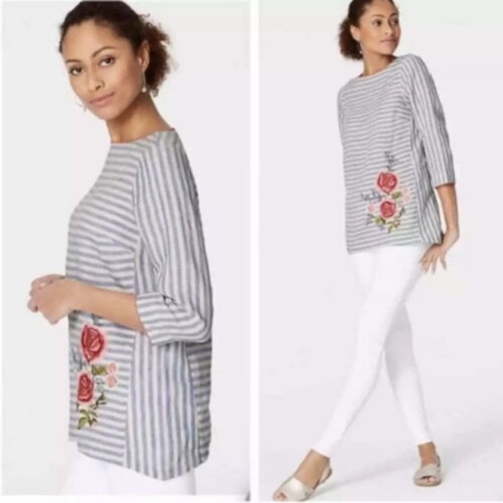 J.‎ Jill Love Linen Floral Embroidered Top Blouse Blue 3/4 Sleeve Size XS